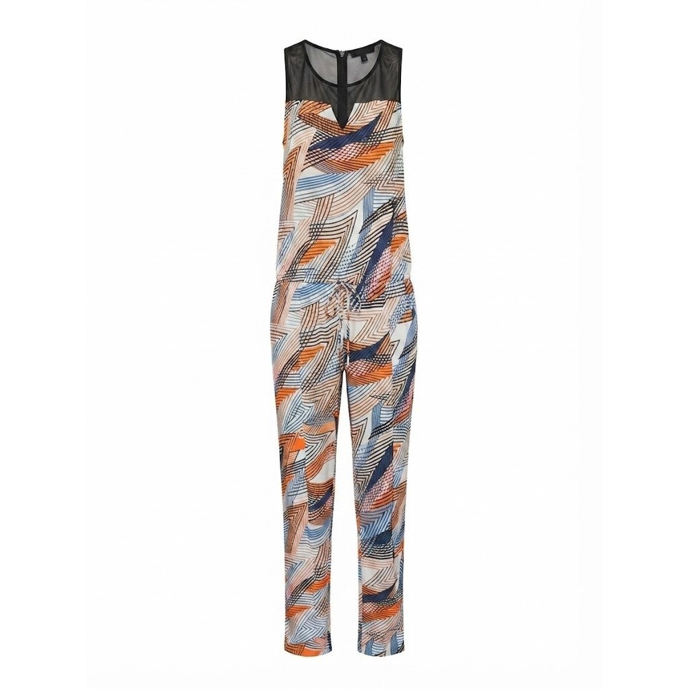BCBGMAXAZRIA Women Abstract Print Jumpsuit Sleeveless Mesh Drawstring XL Modern